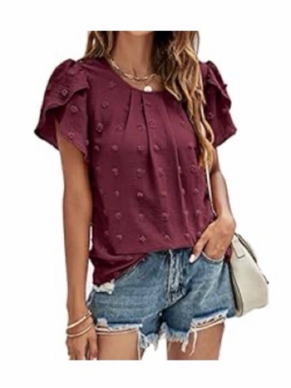 Women's Pom-Pom Texture Short-Sleeve Top - Burgundy